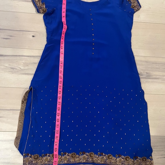 Women’s Indian 3 Piece Blue Silk Sequin Top & Pants w Matching Wrap-Large - Picture 9 of 11